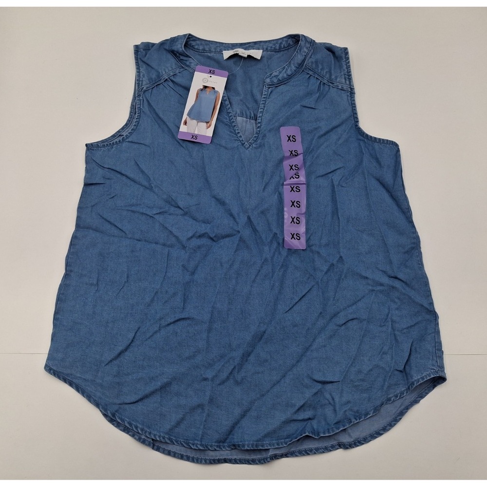 Fever Womens Sleeveless Blue Lyocell V-Neck Blouse Top XS New